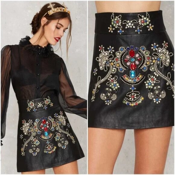 💎 Black Genuine Leather Jeweled Rhinestone Crystal Mini Skirt Real Leather - Picture 1 of 14